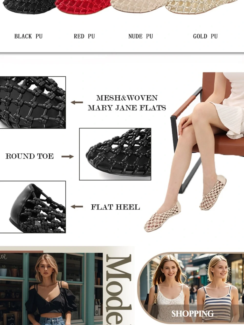 Mesh Ballet Flats for Women Faux Leather Mary Jane Shoes with Round Toe and Flat